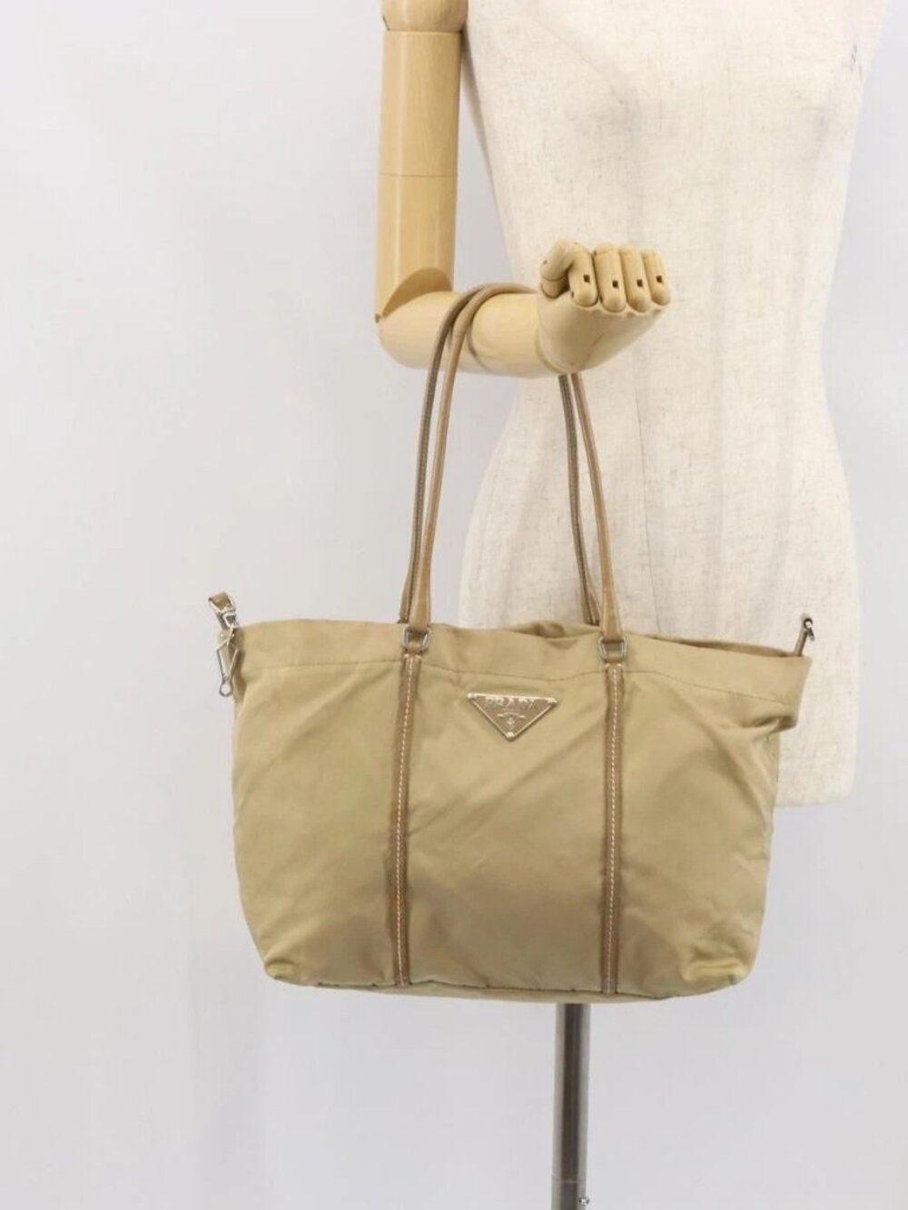 PRADA Tote Bag Nylon Beige Silver